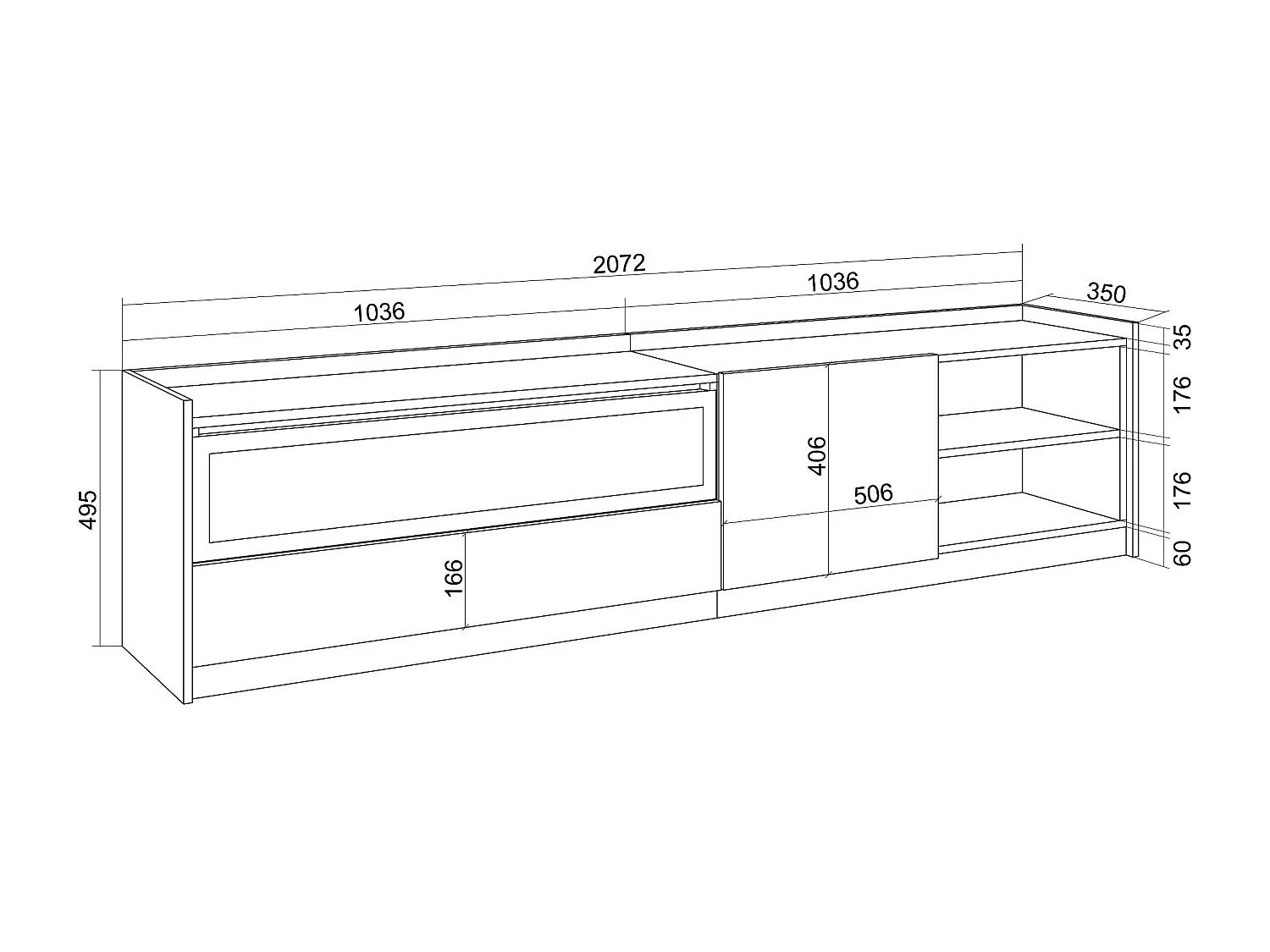 TV-Meubel, Lowboard, 207x50x37 cm, Voor tv's tot 80", Elektrische haard, Donkere eik en Zwart