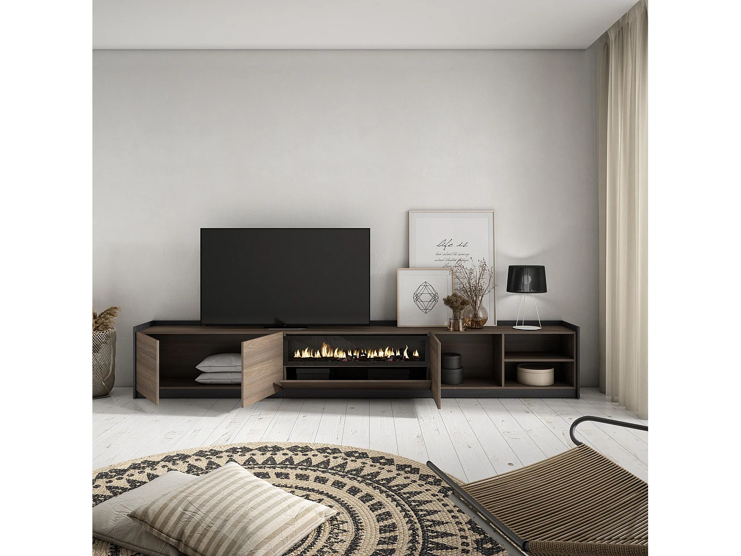 TV-Meubel, Lowboard, 310x50x37 cm, Voor tv's tot 80", Elektrische haard, Donkere eik en Zwart