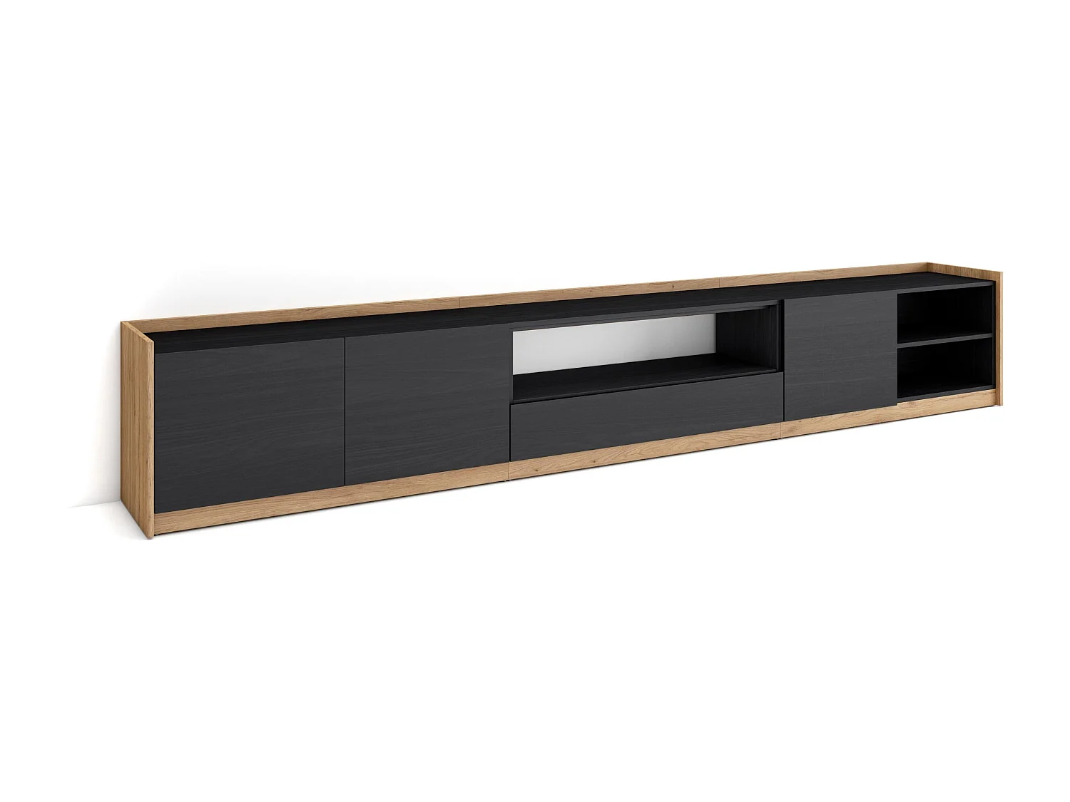 TV-Schrank, Lowboard, 310x50x37 cm, Für TV-Geräte bis zu 80", Fernsehtisch, Schwarz Eiche