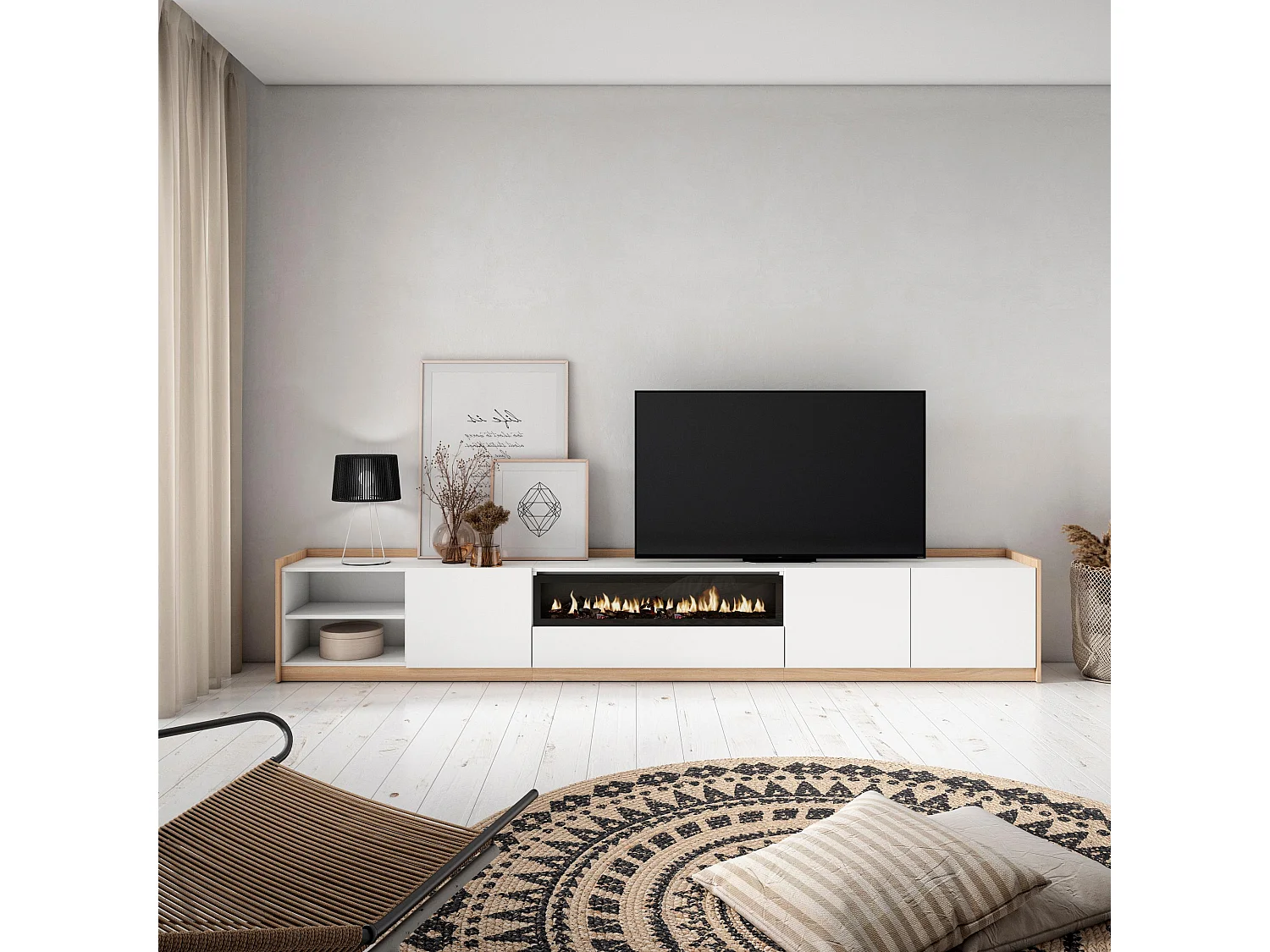 TV-Schrank, Lowboard, 310x50x37 cm, Für TV-Geräte bis zu 80", Elektrokamin., Weiß und Eiche Soft