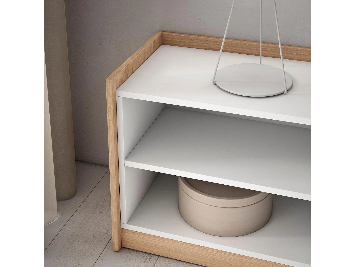 TV-Schrank, Lowboard, 310x50x37 cm, Für TV-Geräte bis zu 80", Elektrokamin., Weiß und Eiche Soft