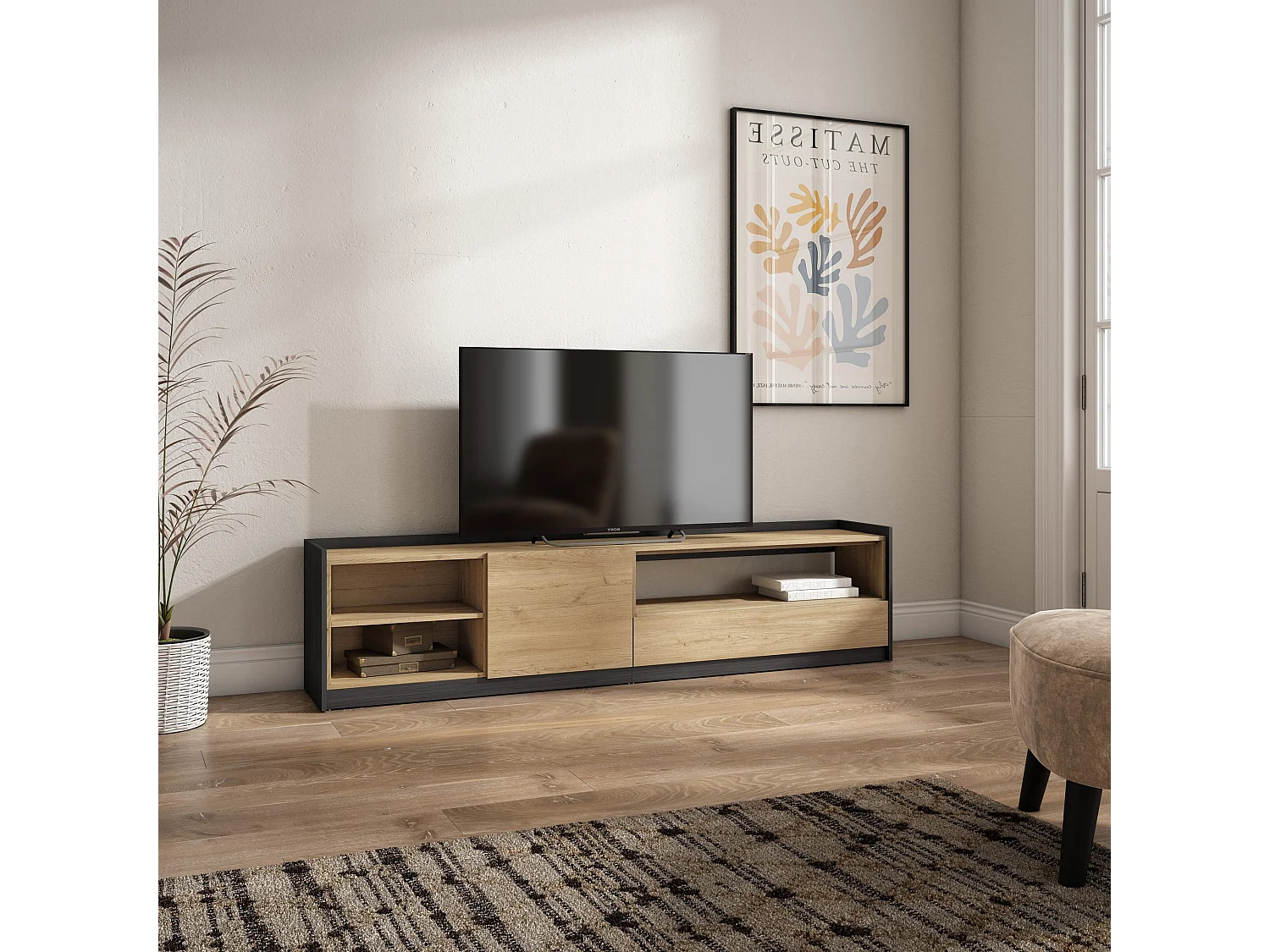 TV-Schrank, Lowboard, 207x50x37 cm, Für TV-Geräte bis zu 80", Fernsehtisch, Eiche Schwarz