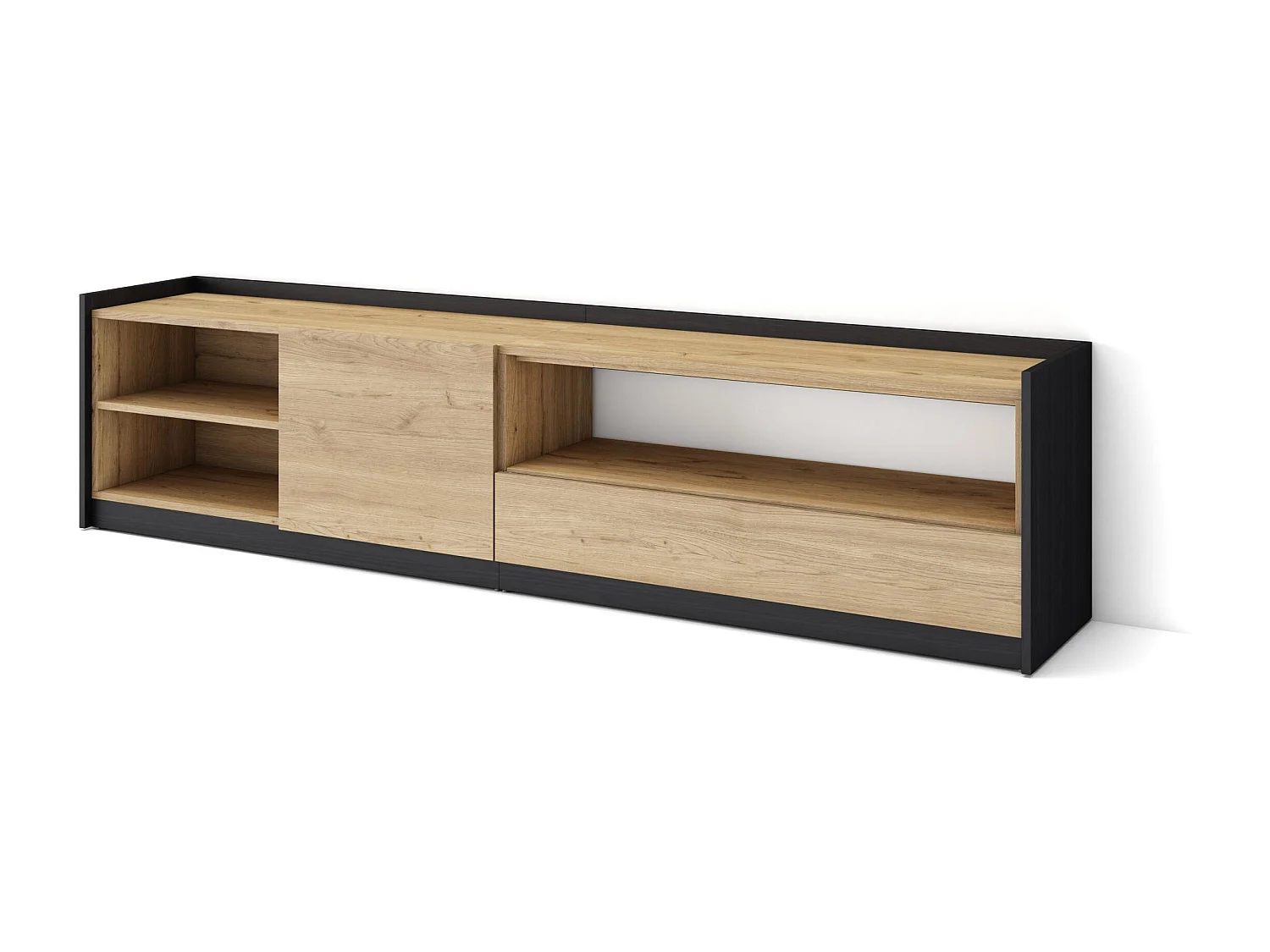 TV-Schrank, Lowboard, 207x50x37 cm, Für TV-Geräte bis zu 80", Fernsehtisch, Eiche Schwarz