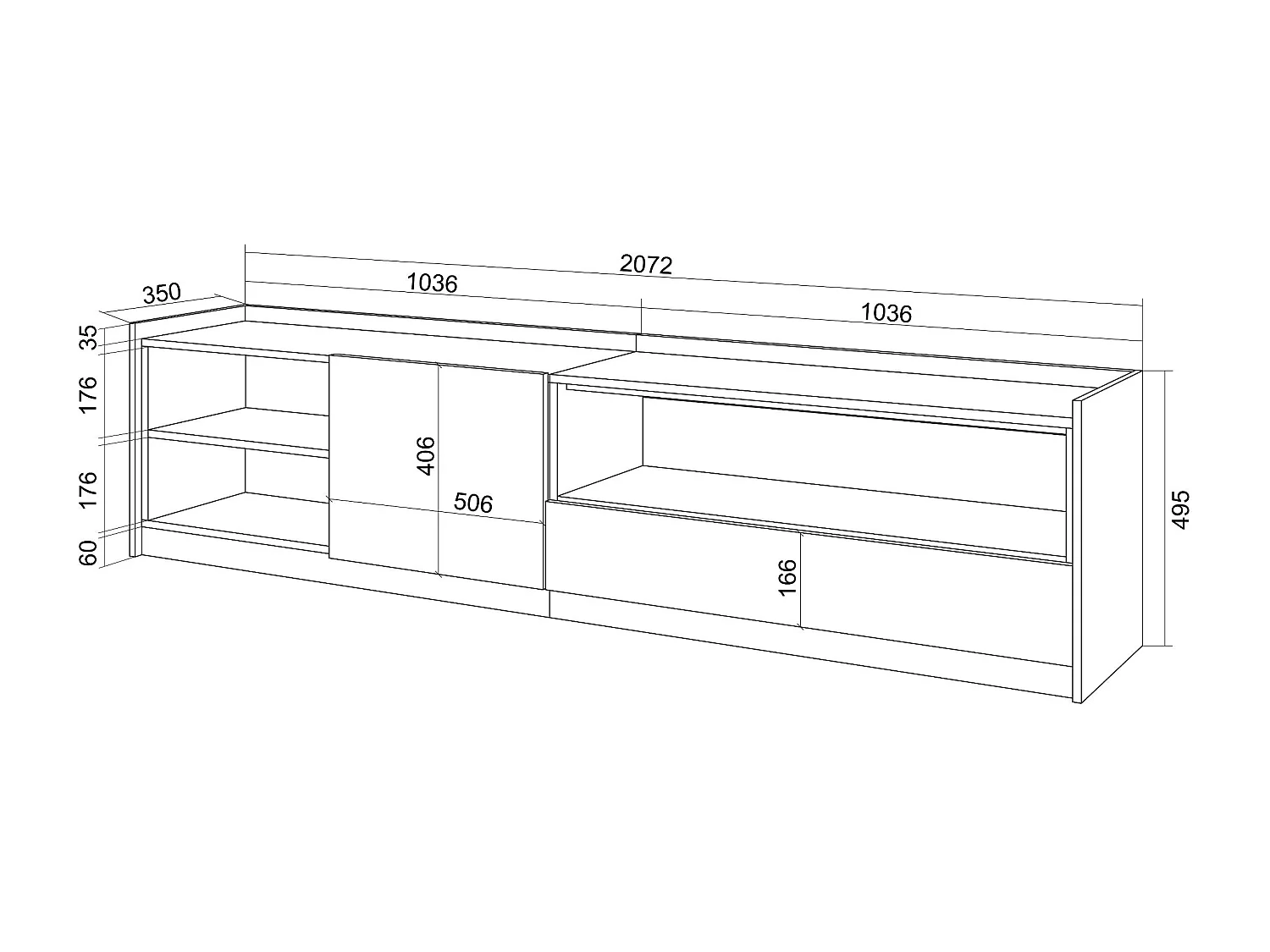 TV-Schrank, Lowboard, 207x50x37 cm, Für TV-Geräte bis zu 80", Fernsehtisch, Eiche Schwarz