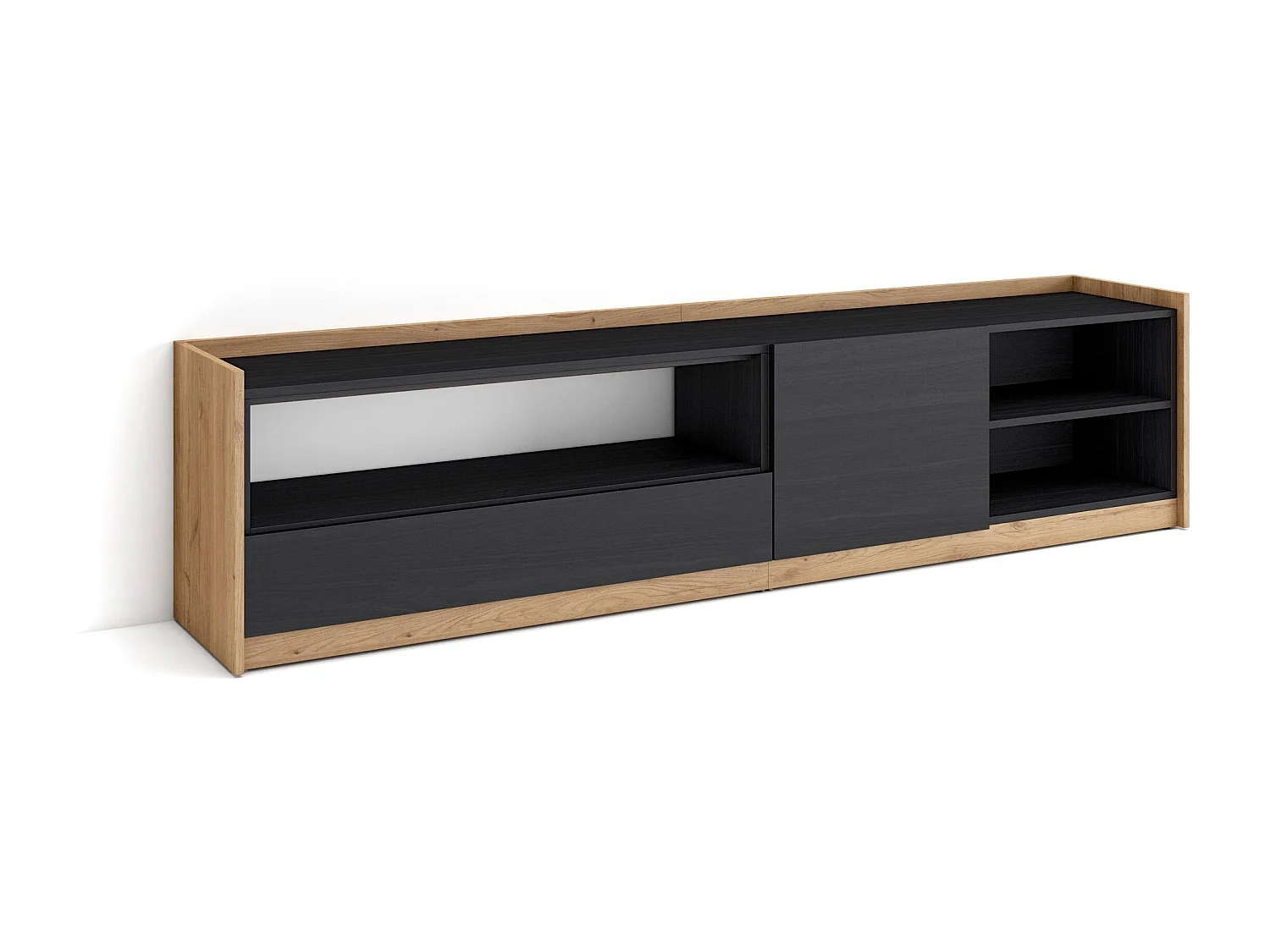 TV-Schrank, Lowboard, 207x50x37 cm, Für TV-Geräte bis zu 80", Fernsehtisch, Schwarz Eiche