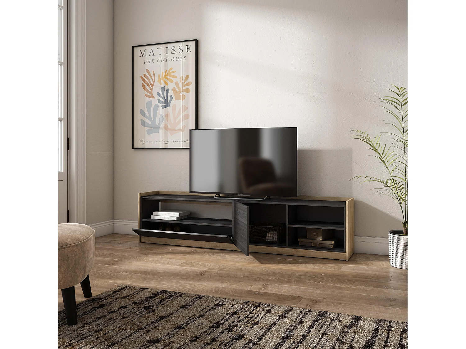 TV-Schrank, Lowboard, 207x50x37 cm, Für TV-Geräte bis zu 80", Fernsehtisch, Schwarz Eiche