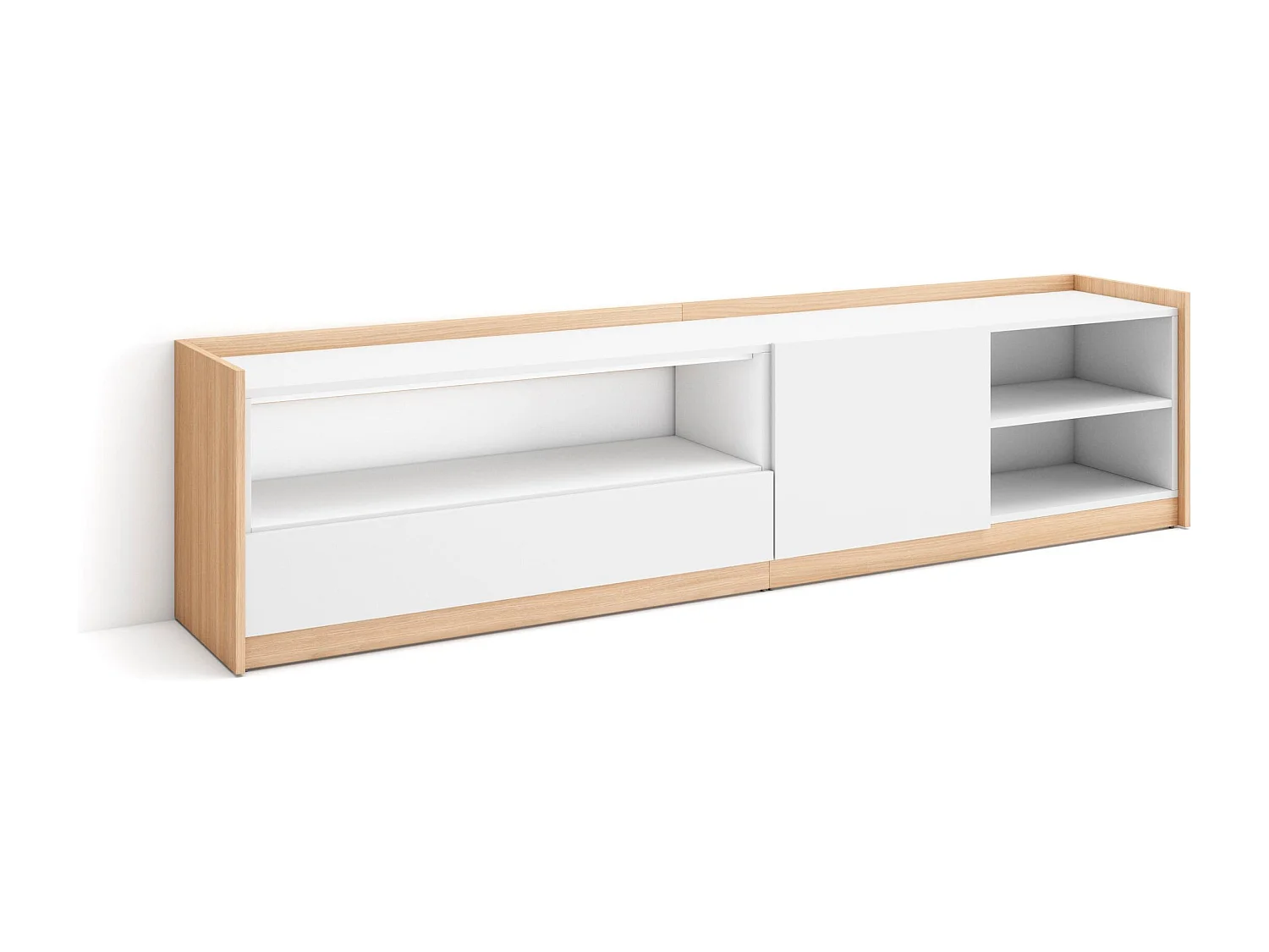 TV-Schrank, Lowboard, 207x50x37 cm, Für TV-Geräte bis zu 80", Fernsehtisch, Weiß und Eiche Soft