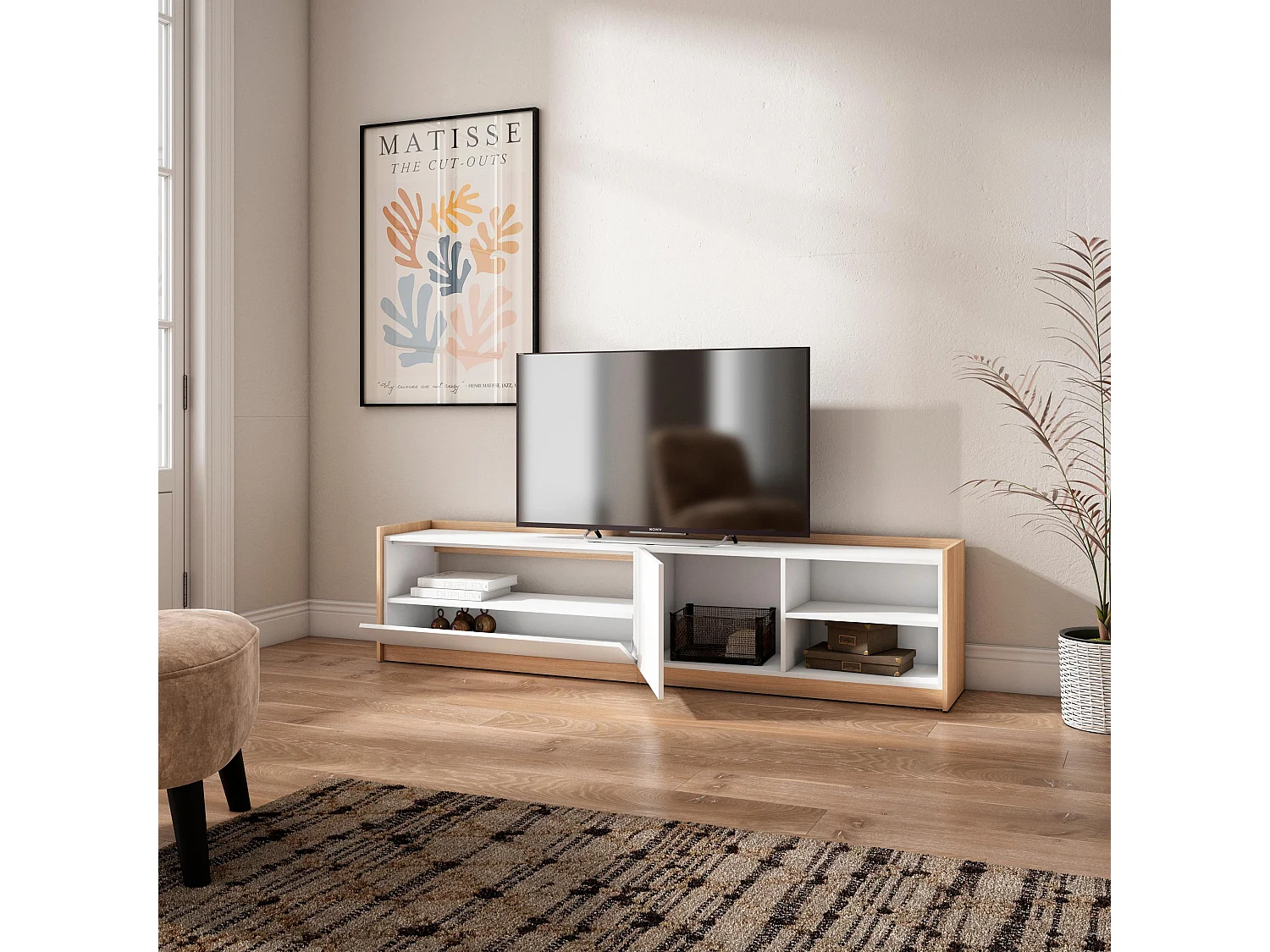 TV-Schrank, Lowboard, 207x50x37 cm, Für TV-Geräte bis zu 80", Fernsehtisch, Weiß und Eiche Soft