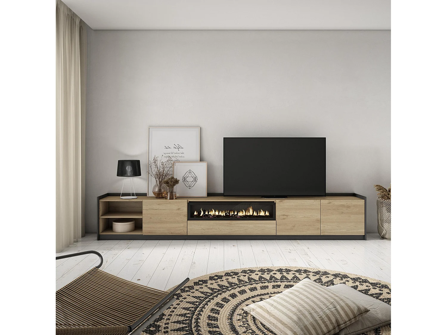 TV-Schrank, Lowboard, 310x50x37 cm, Für TV-Geräte bis zu 80", Elektrokamin., Eiche Schwarz