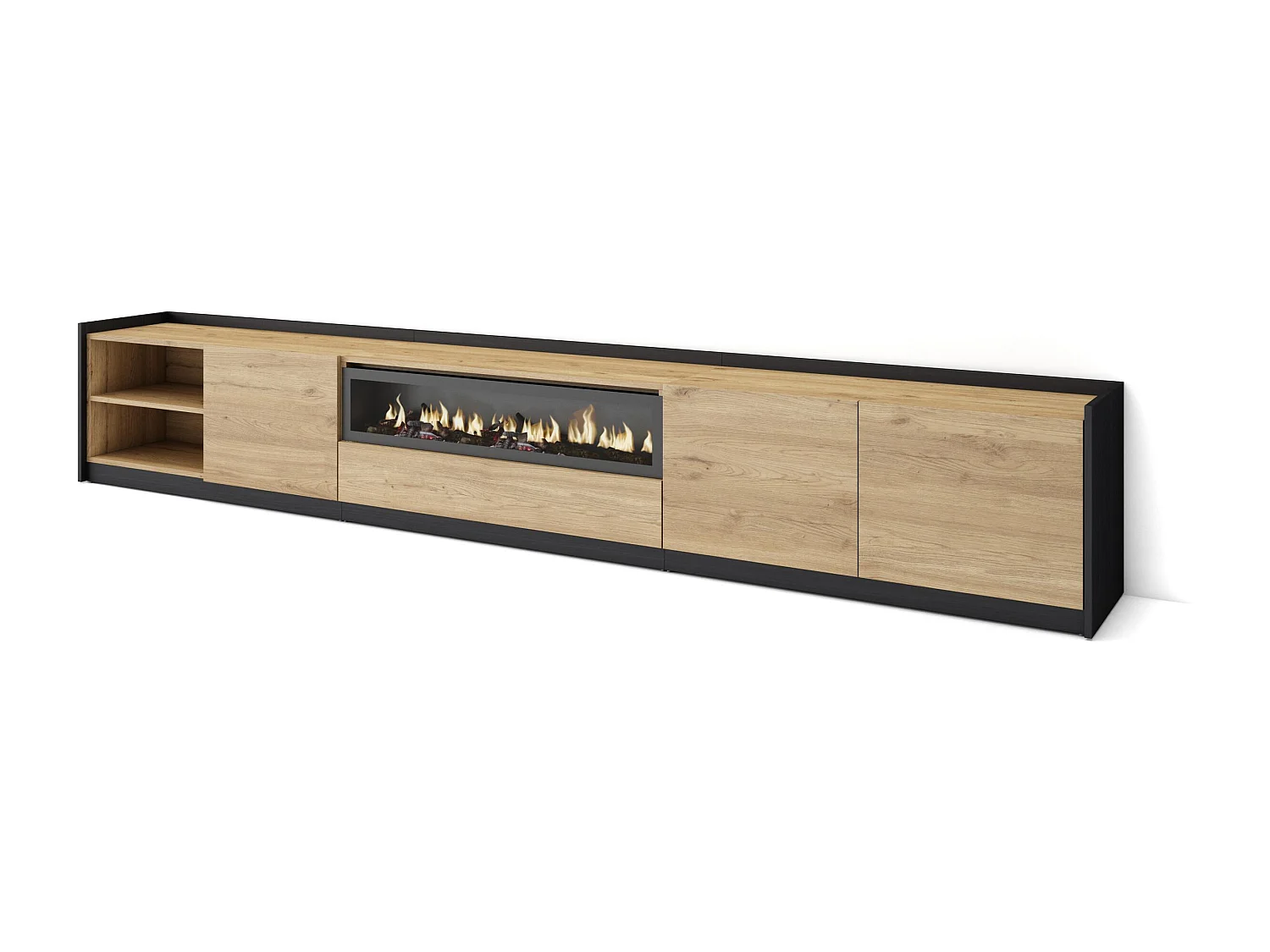 TV-Schrank, Lowboard, 310x50x37 cm, Für TV-Geräte bis zu 80", Elektrokamin., Eiche Schwarz