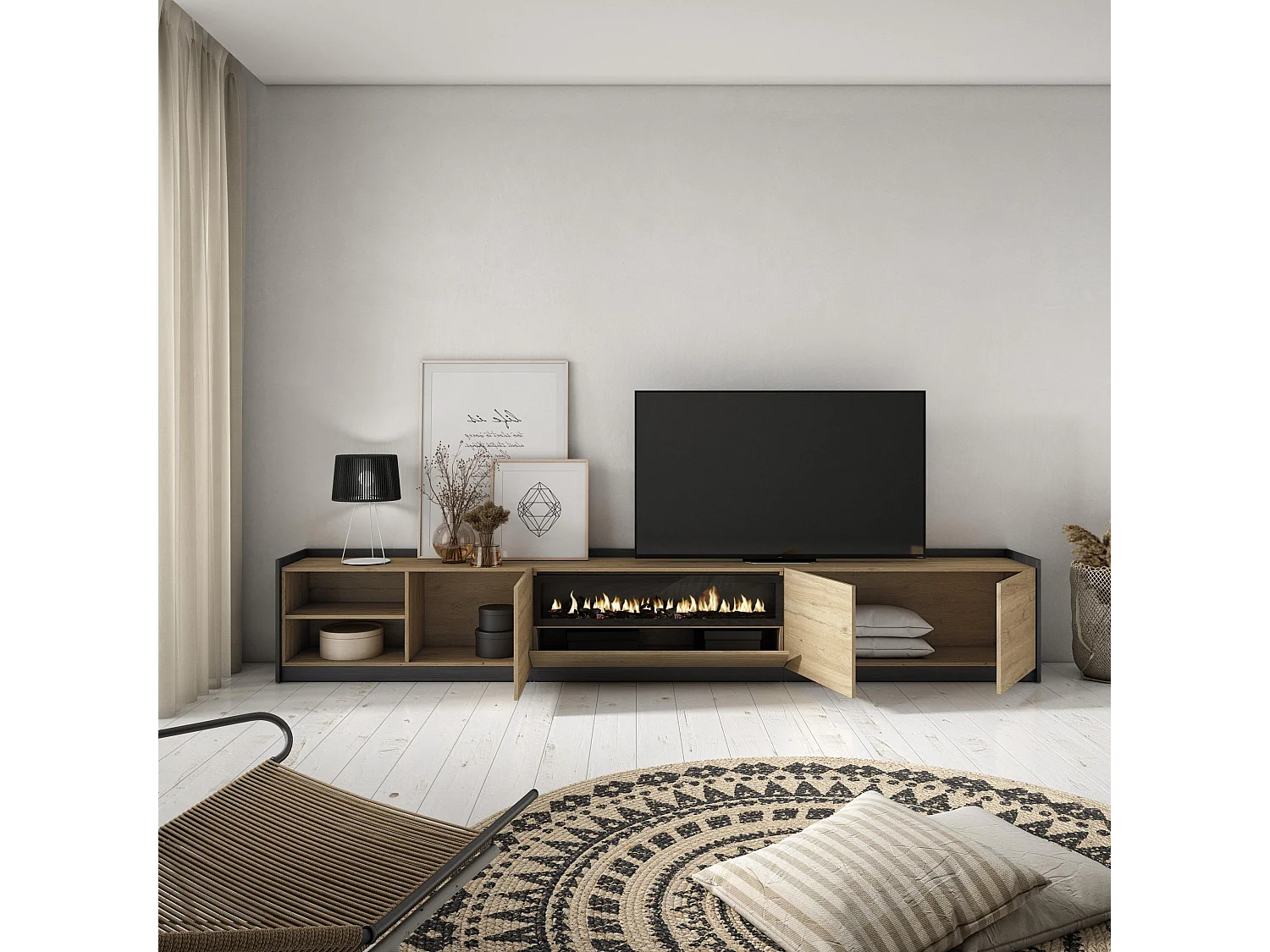 TV-Schrank, Lowboard, 310x50x37 cm, Für TV-Geräte bis zu 80", Elektrokamin., Eiche Schwarz