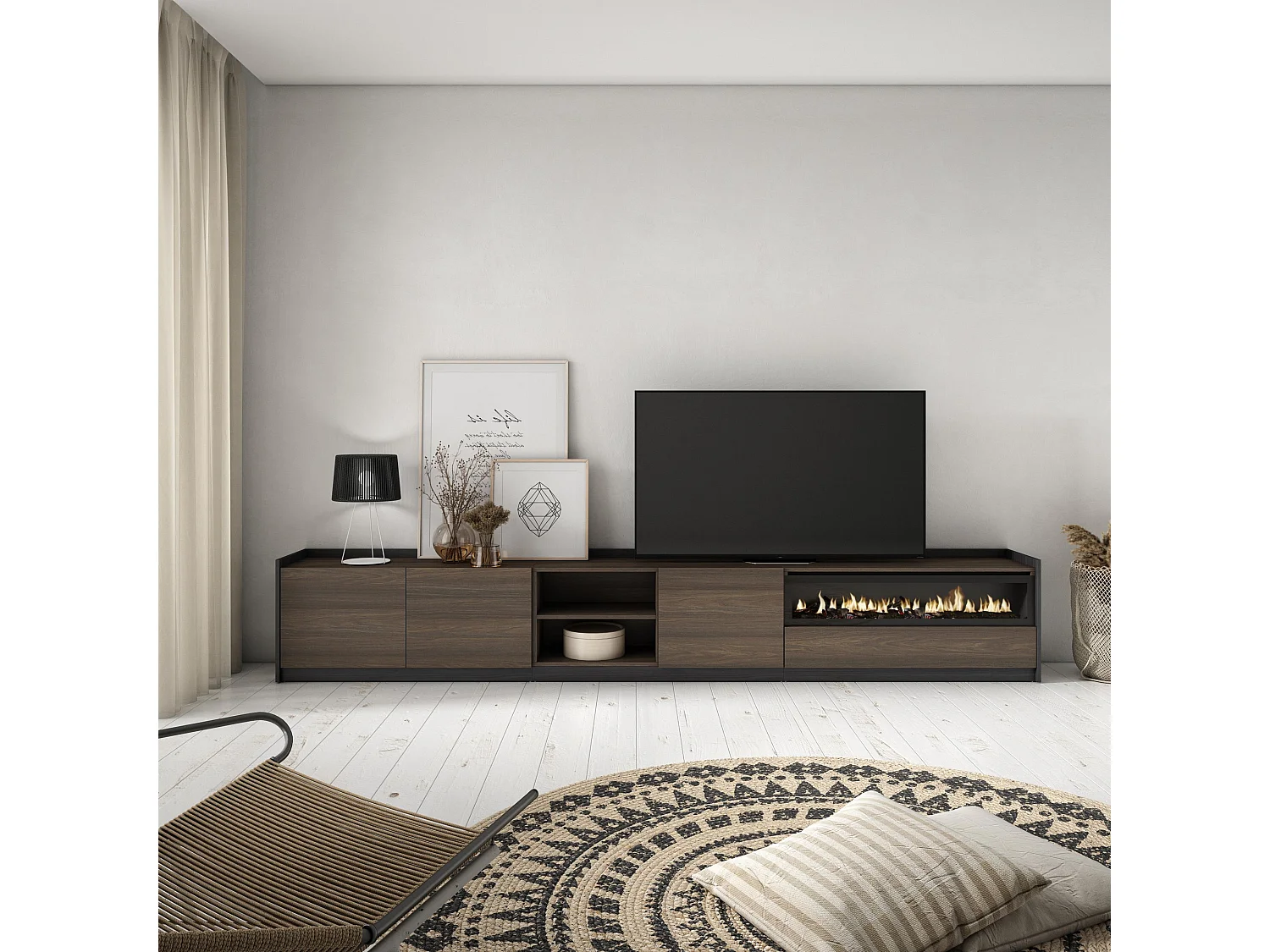 TV-Meubel, Lowboard, 310x50x37 cm, Voor tv's tot 80", Elektrische haard, Donkere eik en Zwart