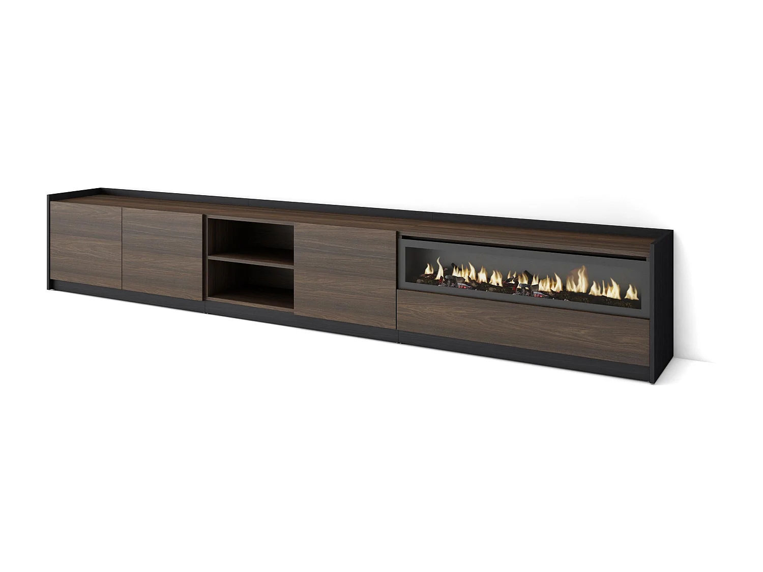 TV-Meubel, Lowboard, 310x50x37 cm, Voor tv's tot 80", Elektrische haard, Donkere eik en Zwart