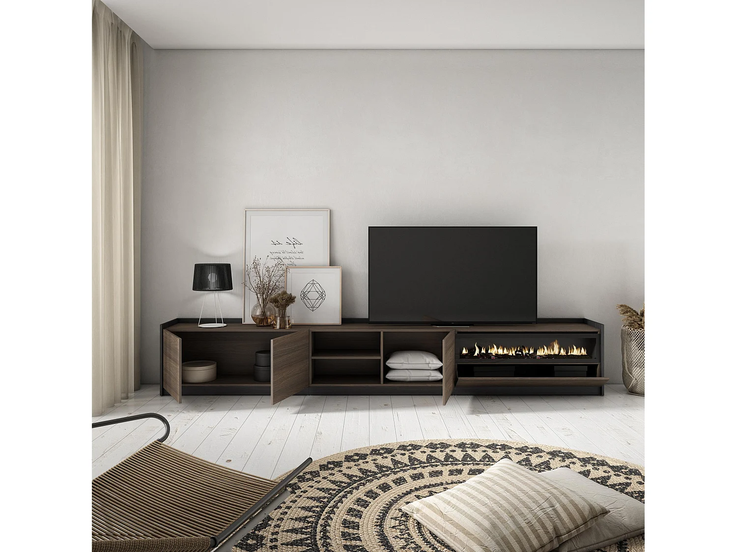 TV-Meubel, Lowboard, 310x50x37 cm, Voor tv's tot 80", Elektrische haard, Donkere eik en Zwart
