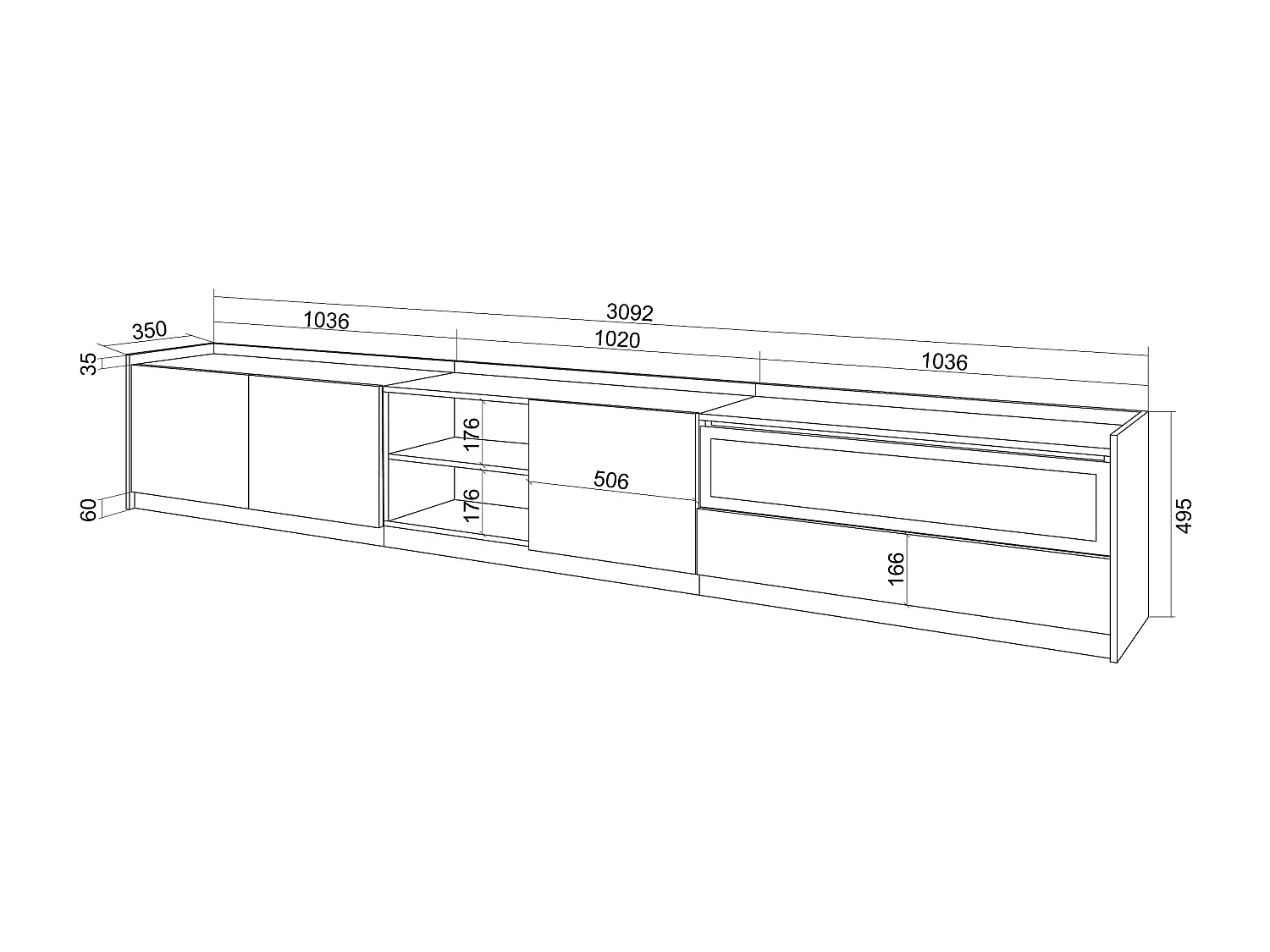 TV-Meubel, Lowboard, 310x50x37 cm, Voor tv's tot 80", Elektrische haard, Donkere eik en Zwart