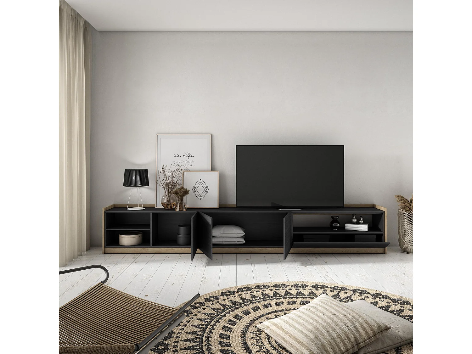 TV-Schrank, Lowboard, 310x50x37 cm, Für TV-Geräte bis zu 80", Fernsehtisch, Schwarz Eiche