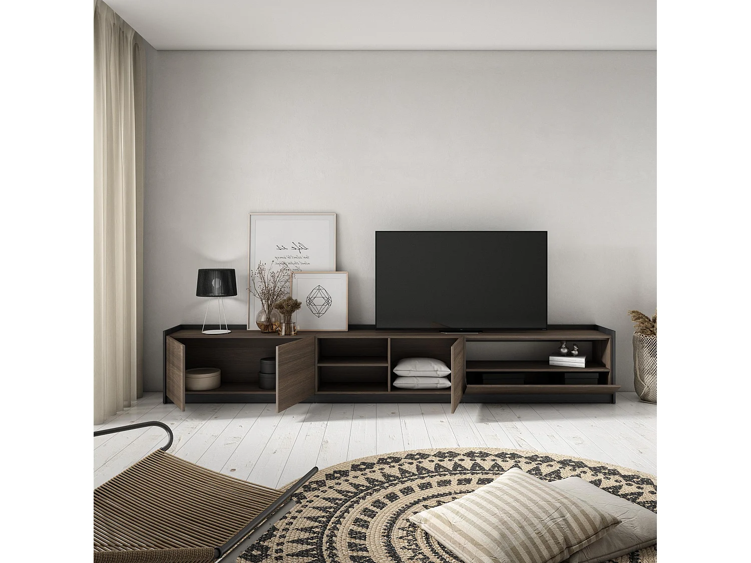 Móvel de TV, 310x50x37 cm, Para televisores até 80", Estante para TV, Carvalho escuro e Preto