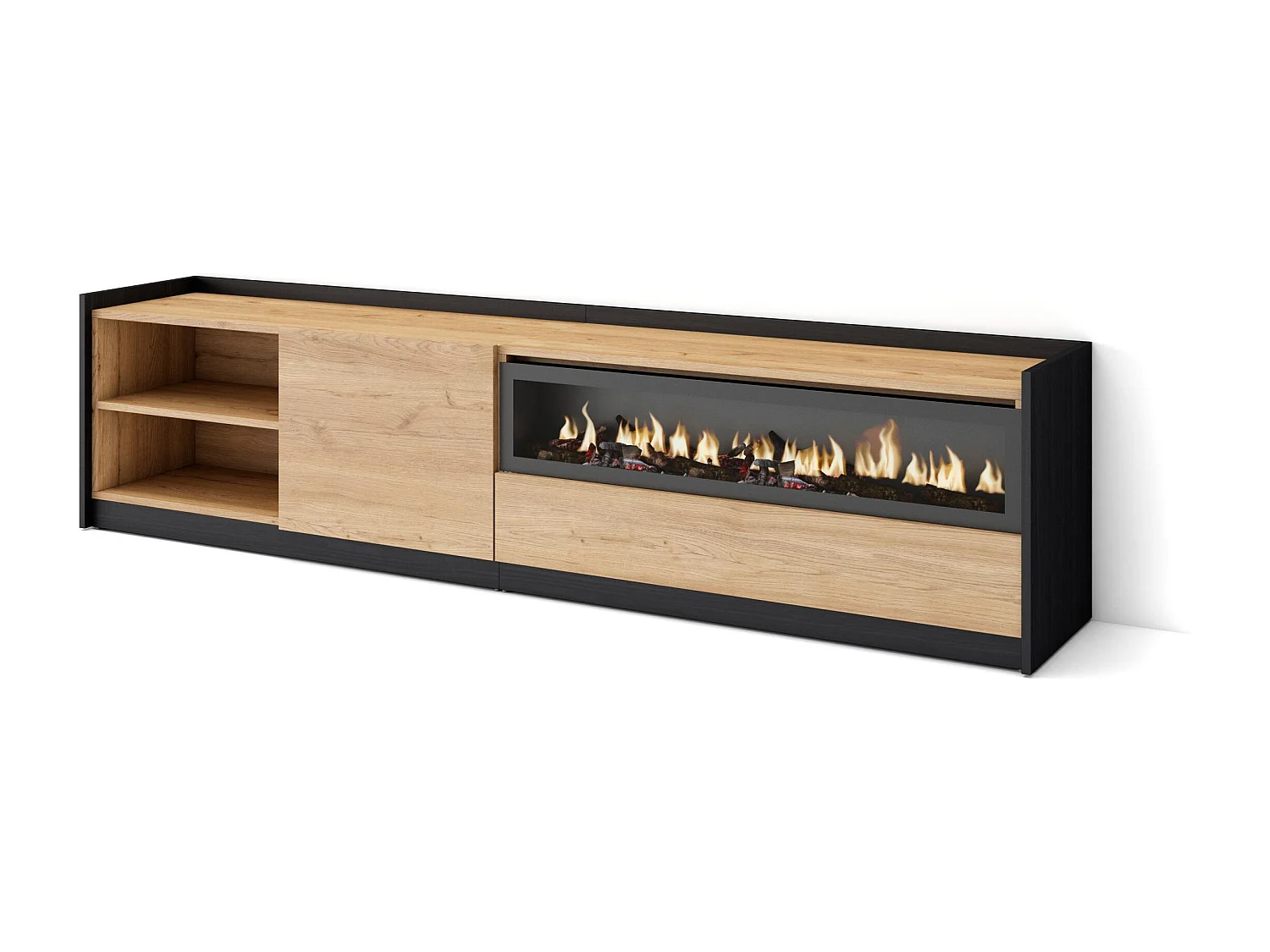 TV-Schrank, Lowboard, 207x50x37 cm, Für TV-Geräte bis zu 80", Elektrokamin., Eiche Schwarz