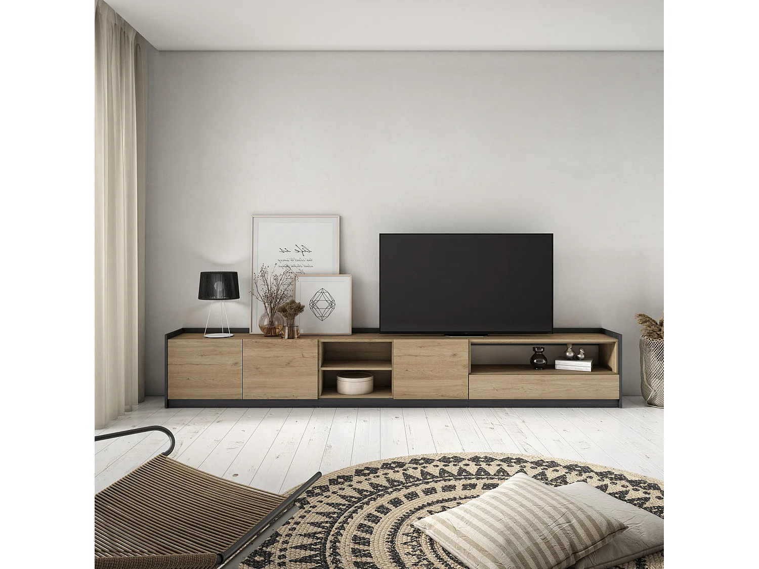TV-Schrank, Lowboard, 310x50x37 cm, Für TV-Geräte bis zu 80", Fernsehtisch, Eiche Schwarz