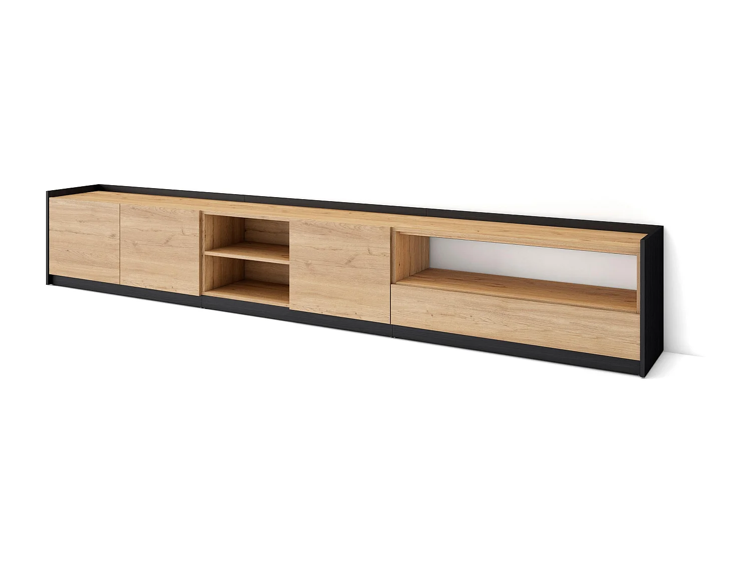 TV-Schrank, Lowboard, 310x50x37 cm, Für TV-Geräte bis zu 80", Fernsehtisch, Eiche Schwarz