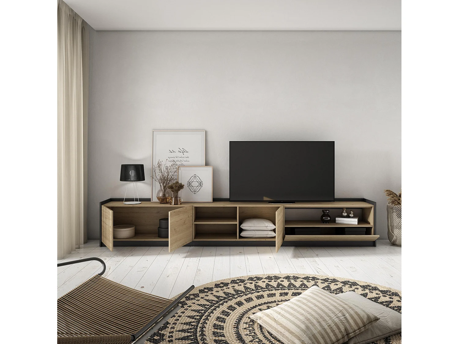 TV-Schrank, Lowboard, 310x50x37 cm, Für TV-Geräte bis zu 80", Fernsehtisch, Eiche Schwarz