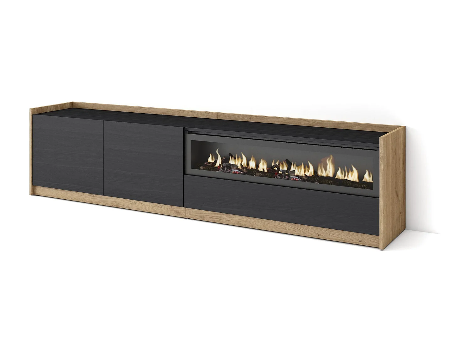 TV-Schrank, Lowboard, 207x50x37 cm, Für TV-Geräte bis zu 80", Elektrokamin., Schwarz Eiche