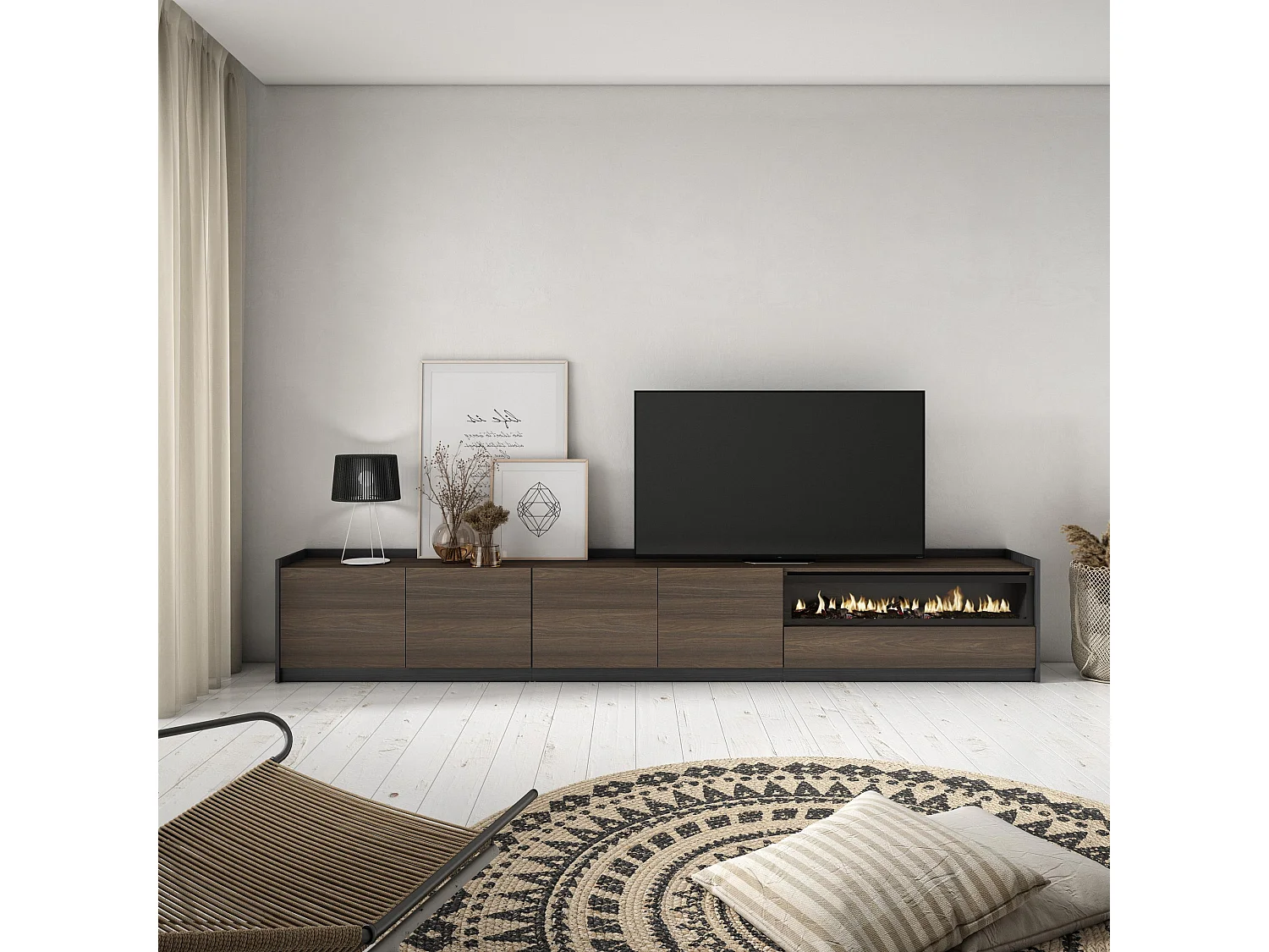 Meuble TV, Banc Télé, 310x50x37 cm, Pour les TV jusqu'à 80", Cheminée électrique, Chêne foncé et Noir