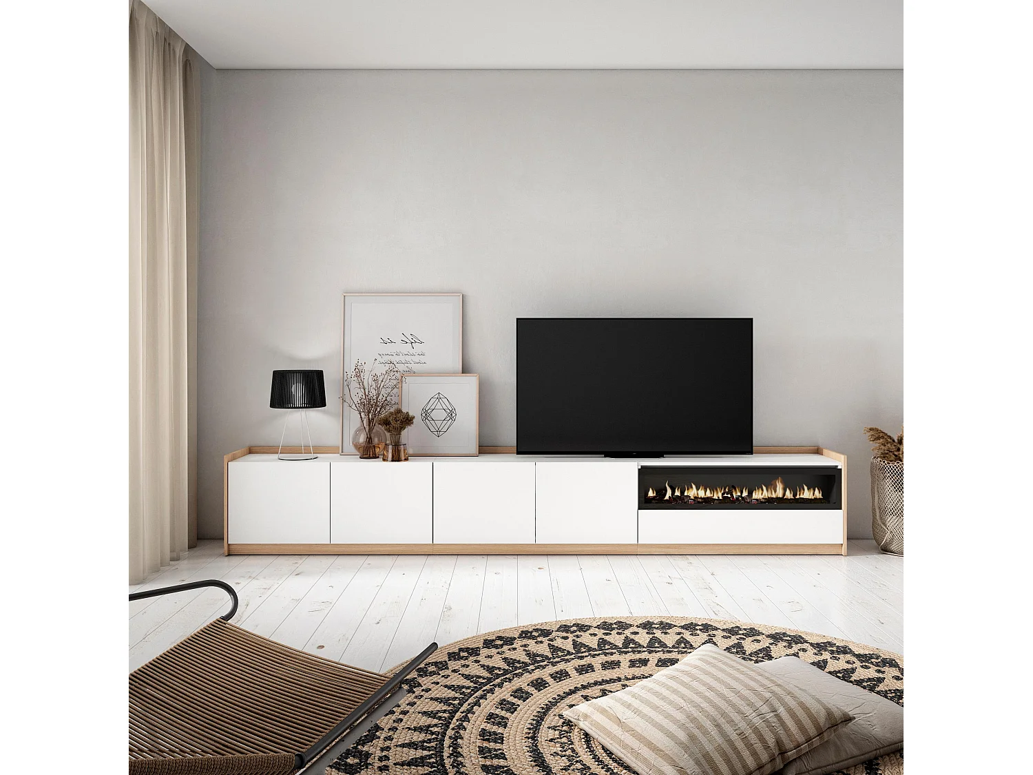 TV-Schrank, Lowboard, 310x50x37 cm, Für TV-Geräte bis zu 80", Elektrokamin., Weiß und Eiche Soft