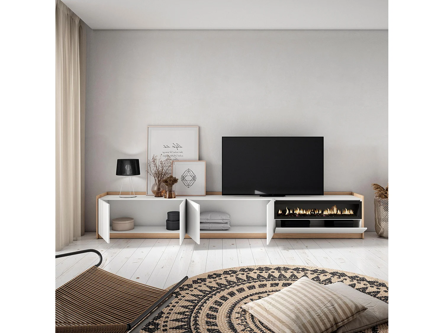 TV-Schrank, Lowboard, 310x50x37 cm, Für TV-Geräte bis zu 80", Elektrokamin., Weiß und Eiche Soft