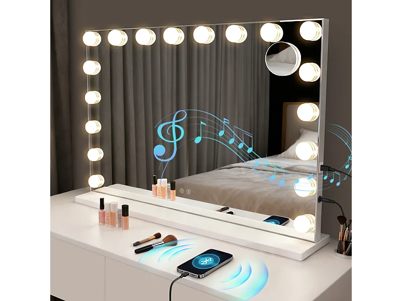 Nettlife Hollywood make-upspiegel met LED en Bluetooth, 18 LED's, grote make-upspiegel, licht en muziek, 3 standen, aanraakbediening en dimbaar.