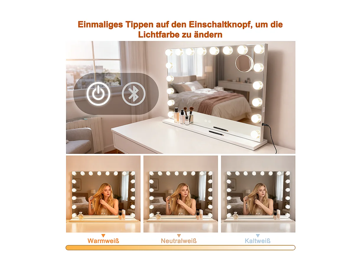 Nettlife Hollywood make-upspiegel met LED en Bluetooth, 18 LED's, grote make-upspiegel, licht en muziek, 3 standen, aanraakbediening en dimbaar.
