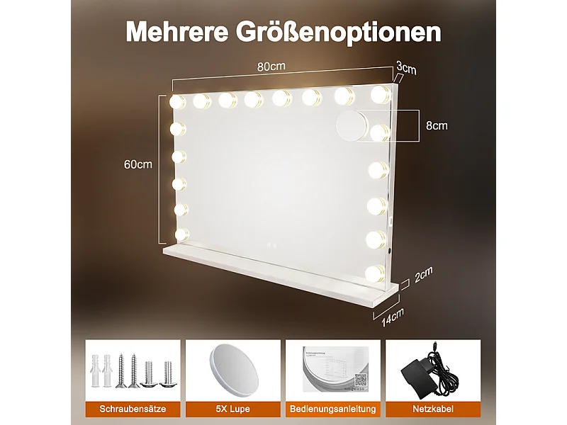 Nettlife Hollywood make-upspiegel met LED en Bluetooth, 18 LED's, grote make-upspiegel, licht en muziek, 3 standen, aanraakbediening en dimbaar.