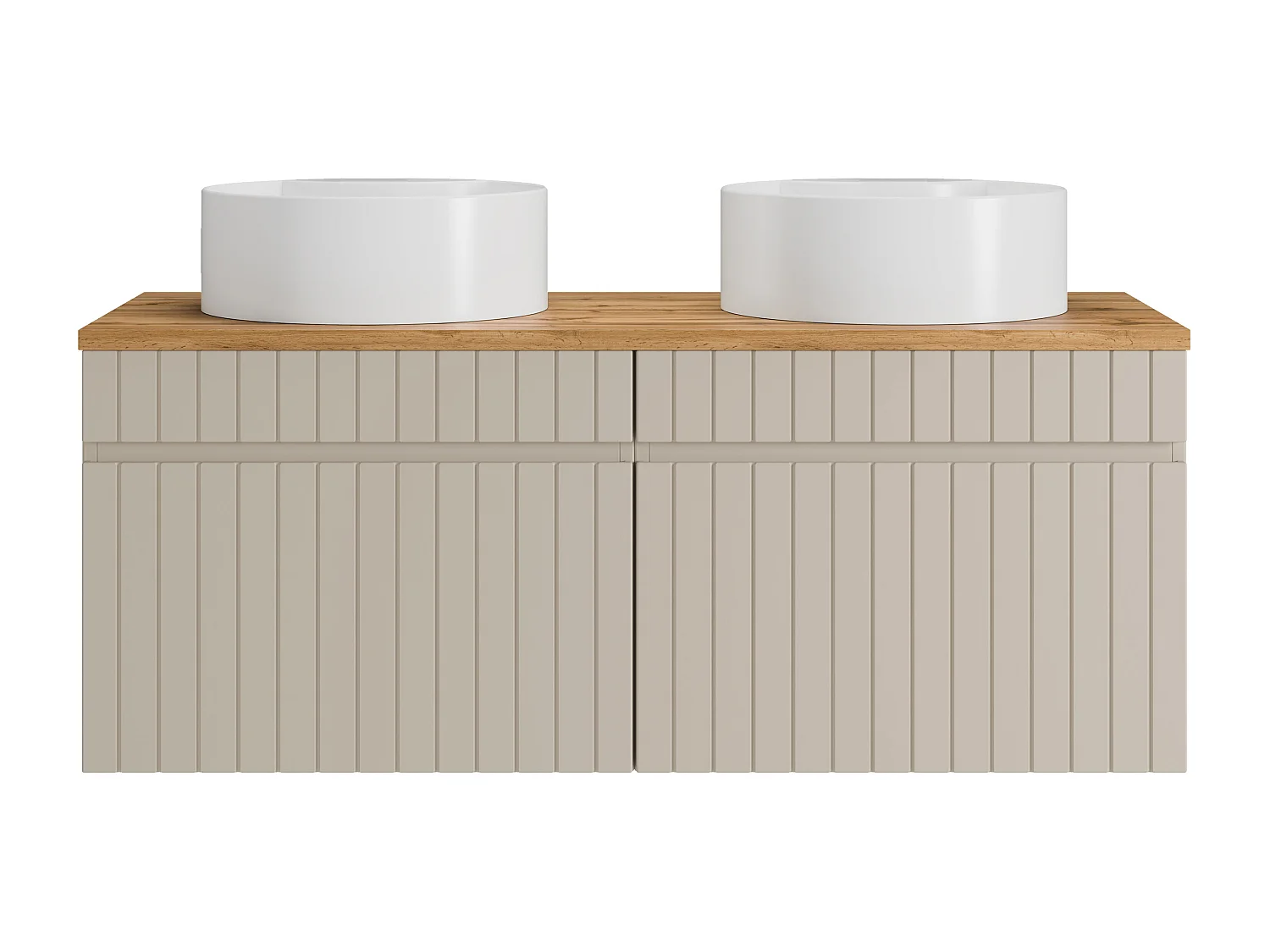 Meuble de salle de bain suspendu strié beige avec vasque à poser ronde - 120 cm - SATARA