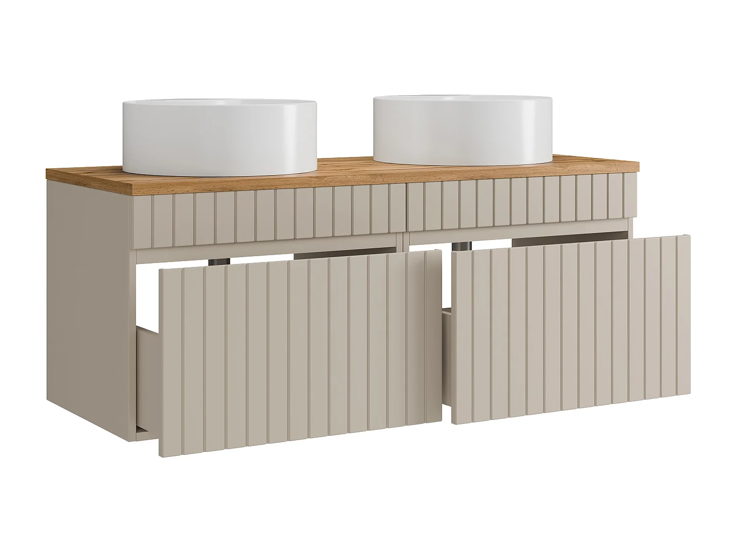 Meuble de salle de bain suspendu strié beige avec vasque à poser ronde - 120 cm - SATARA