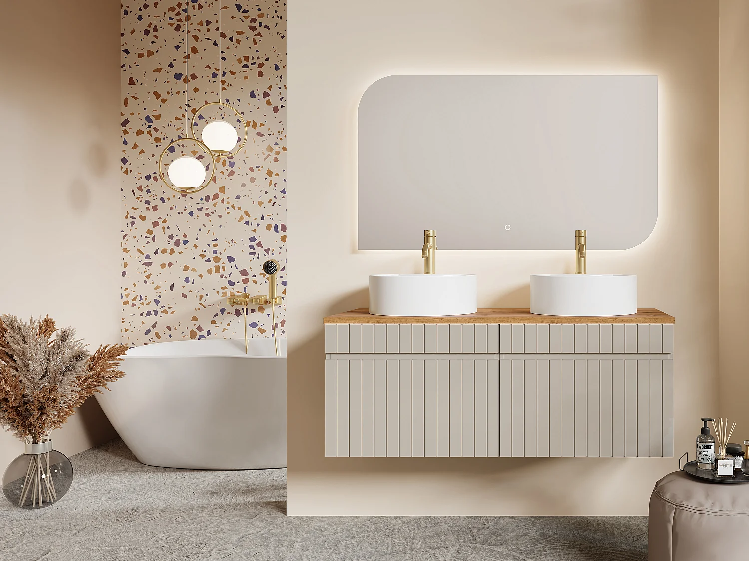 Meuble de salle de bain suspendu strié beige avec vasque à poser ronde - 120 cm - SATARA