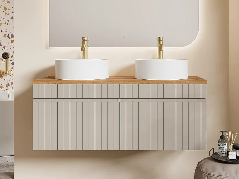Meuble de salle de bain suspendu strié beige avec vasque à poser ronde - 120 cm - SATARA