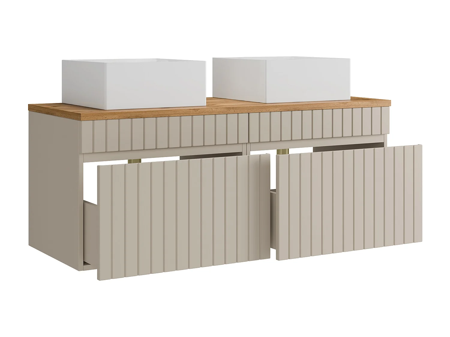 Meuble de salle de bain suspendu strié beige avec vasque à poser carrée - 120 cm - SATARA