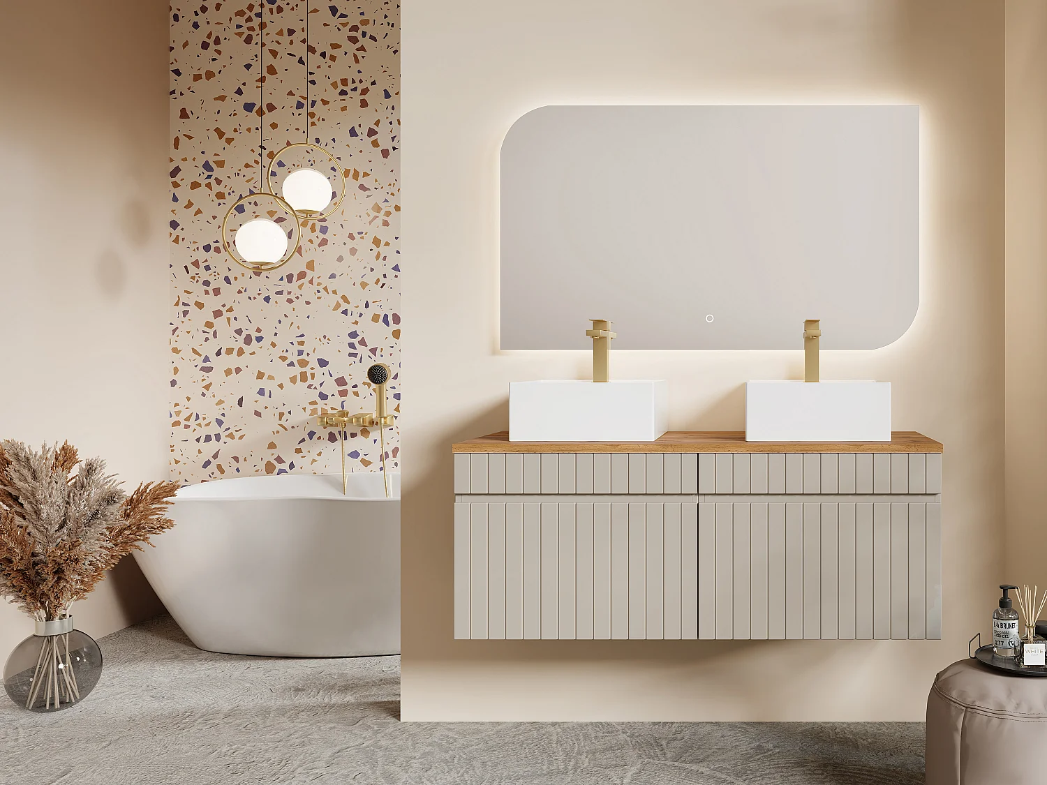 Meuble de salle de bain suspendu strié beige avec vasque à poser carrée - 120 cm - SATARA