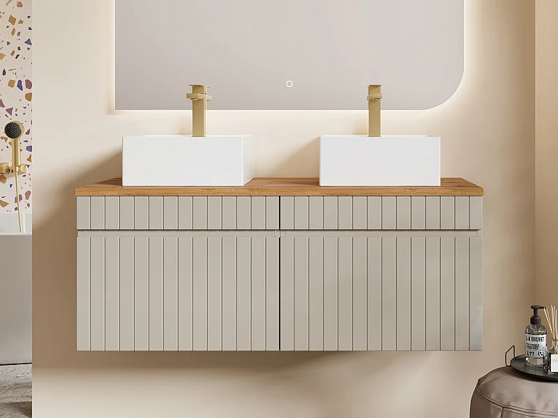 Hängender Waschbeckenunterschrank - Geriffelt - Beige - mit Aufsatzwaschbecken quadratisch - 120 cm - SATARA