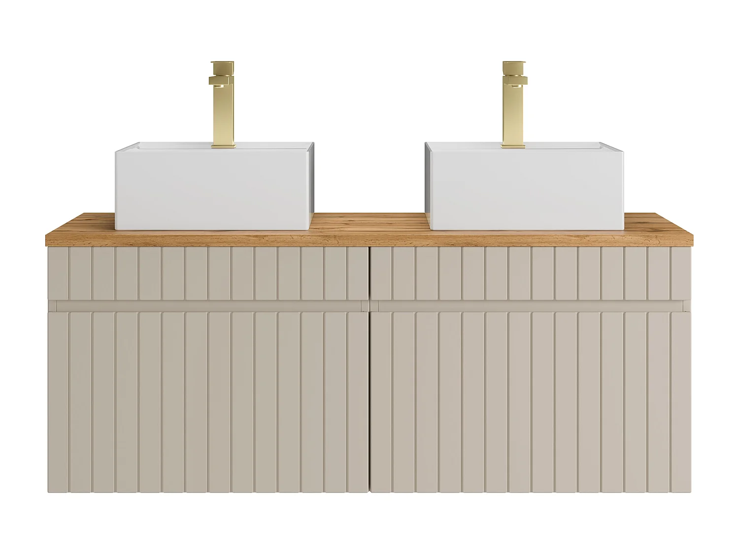 Meuble de salle de bain suspendu strié beige avec vasque à poser carrée et robinet - 120 cm - SATARA