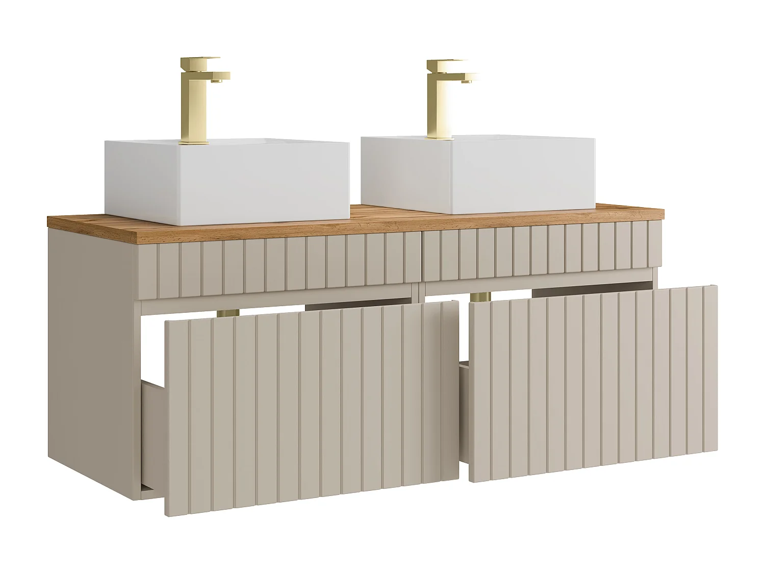 Meuble de salle de bain suspendu strié beige avec vasque à poser carrée et robinet - 120 cm - SATARA