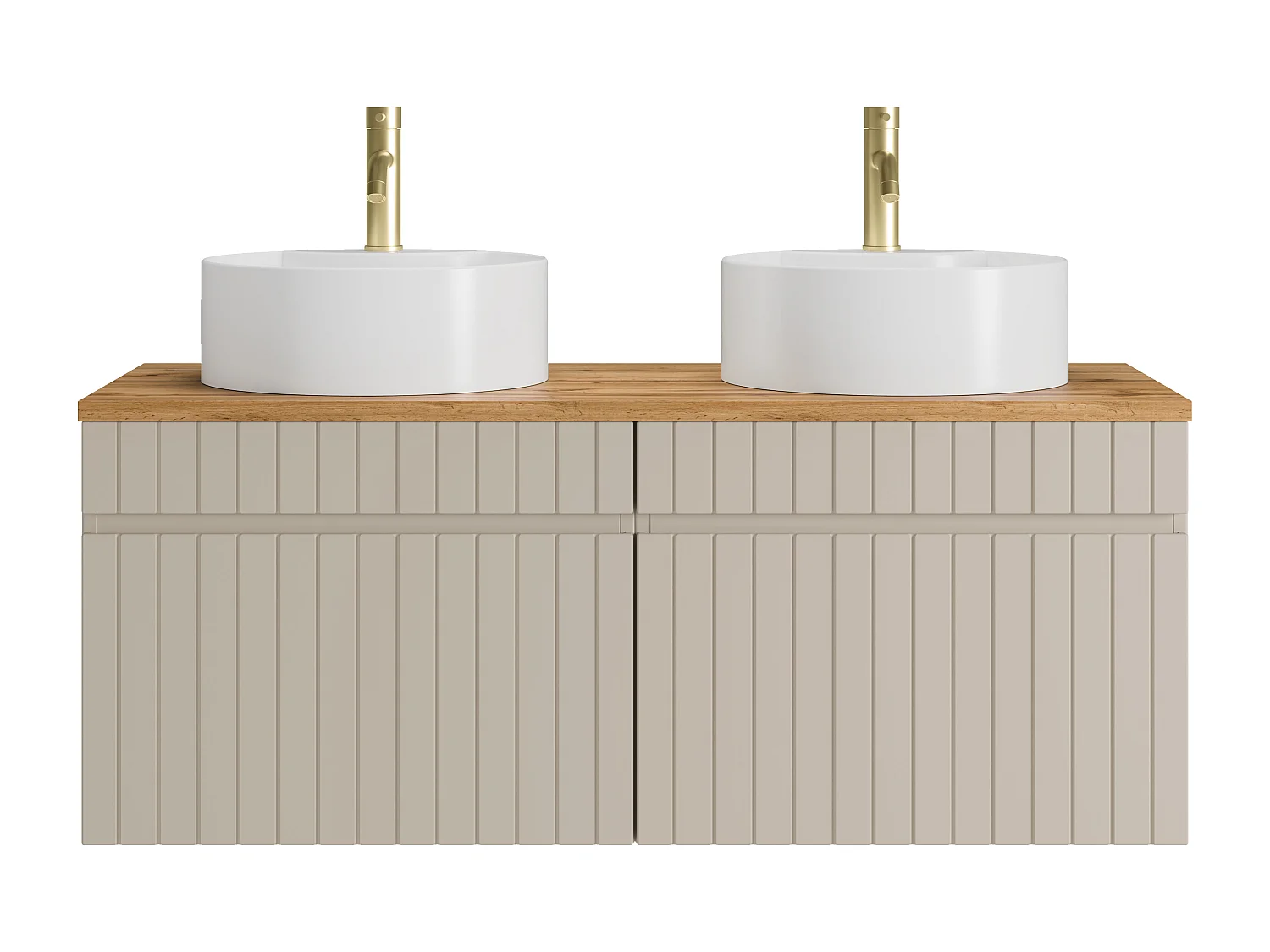 Meuble de salle de bain suspendu strié beige avec vasque à poser ronde et robinet - 120 cm - SATARA