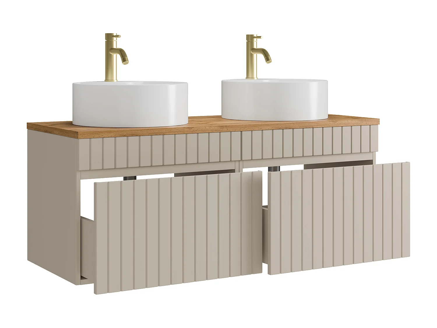 Meuble de salle de bain suspendu strié beige avec vasque à poser ronde et robinet - 120 cm - SATARA