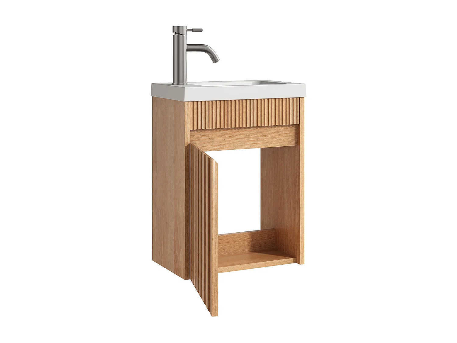 Meuble lave main suspendu strié en bois de frêne avec vasque à encastrer et robinet - Naturel clair - 40 x 25.5 x 54 cm - DROVI