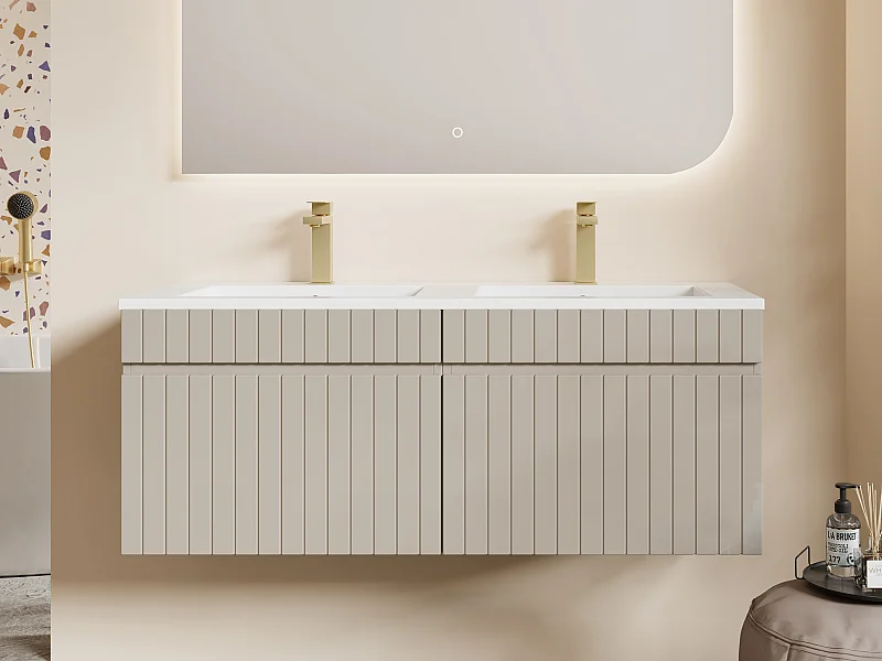 Meuble de salle de bain suspendu strié beige avec vasque à encastrer - 120 cm - SATARA