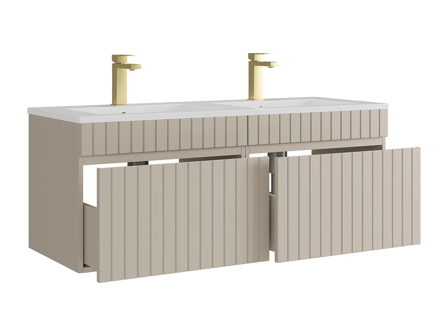 Meuble de salle de bain suspendu strié beige avec vasque à encastrer et robinet - 120 cm - SATARA