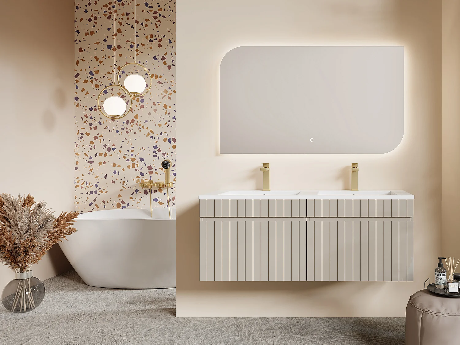 Meuble de salle de bain suspendu strié beige avec vasque à encastrer et robinet - 120 cm - SATARA