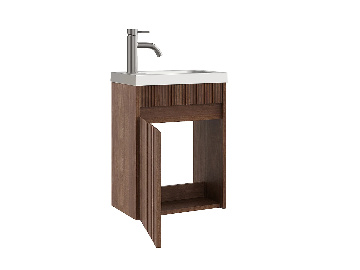 Mobile lavabo sospeso scanalato in legno di frassino con lavabo da incasso e rubinetto Naturale scuro 40 x 25.5 x 54 cm - DROVI