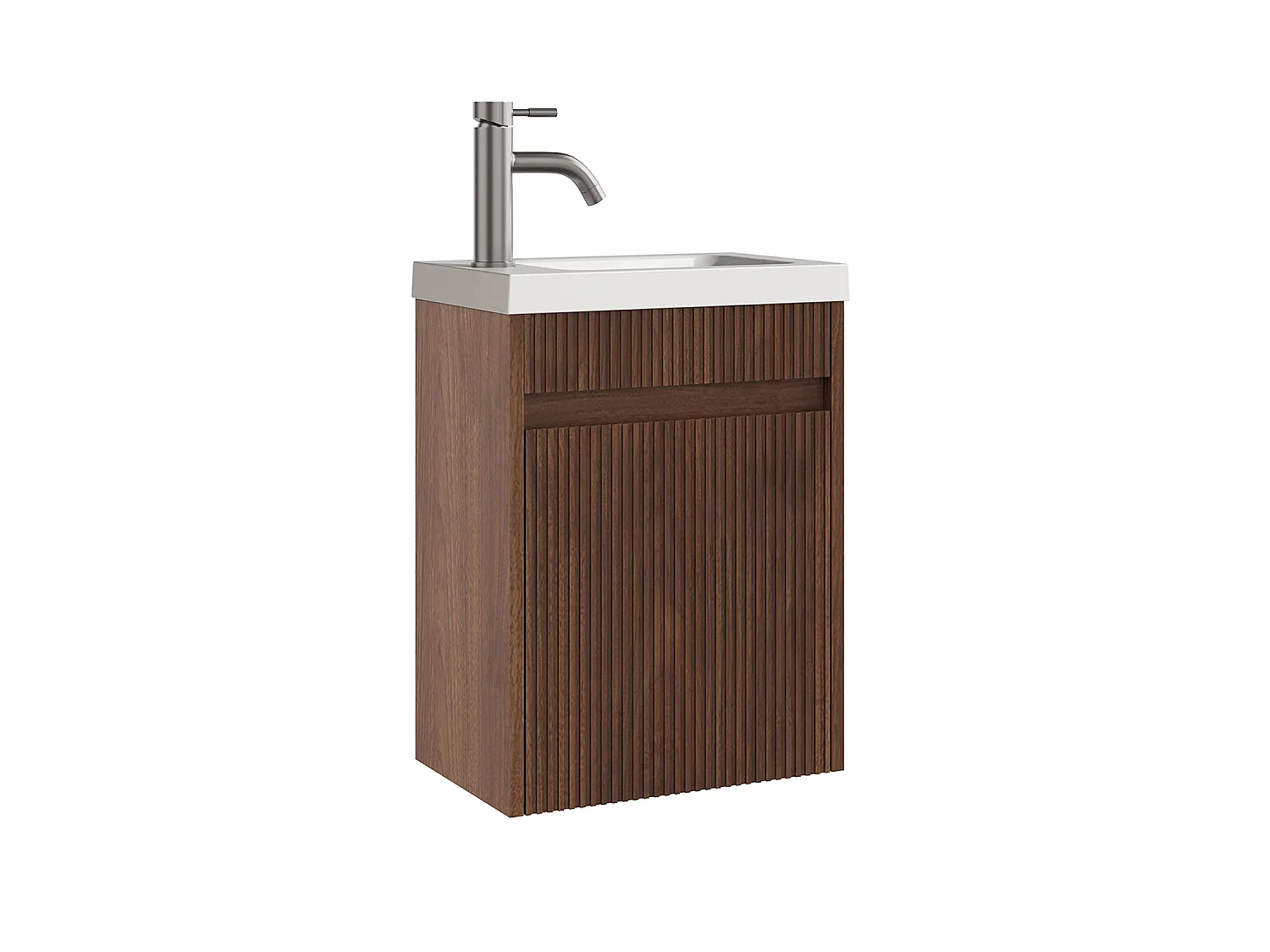Mobile lavabo sospeso scanalato in legno di frassino con lavabo da incasso e rubinetto Naturale scuro 40 x 25.5 x 54 cm - DROVI