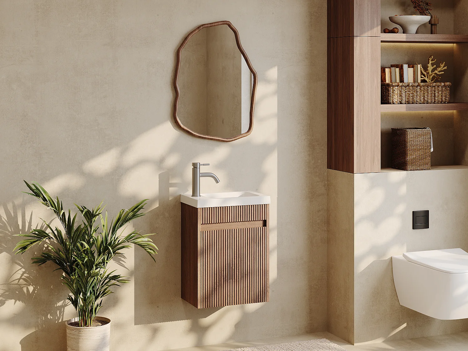 Mobile lavabo sospeso scanalato in legno di frassino con lavabo da incasso e rubinetto Naturale scuro 40 x 25.5 x 54 cm - DROVI